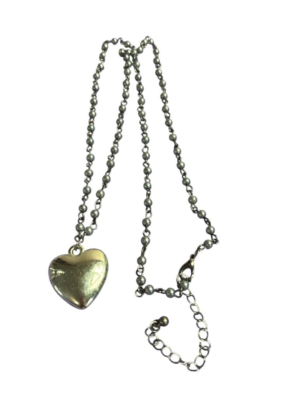 Grey Faux Pearl Beaded Chain Necklace Gunmetal Silvertone Heart Pendant
